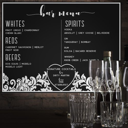 Modern Black  White Elegant Bar Menu For Wedding Foam Board
