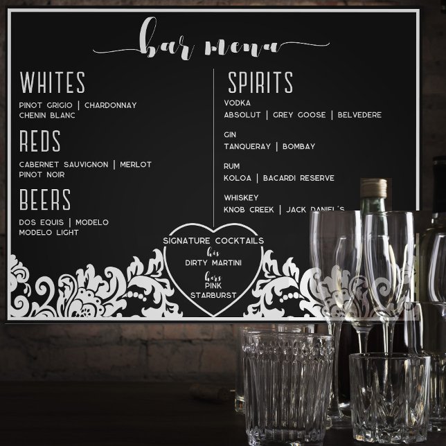 Modern Black & White Elegant Bar Menu For Wedding Foam Board (modern black and white elegant bar menu for wedding )