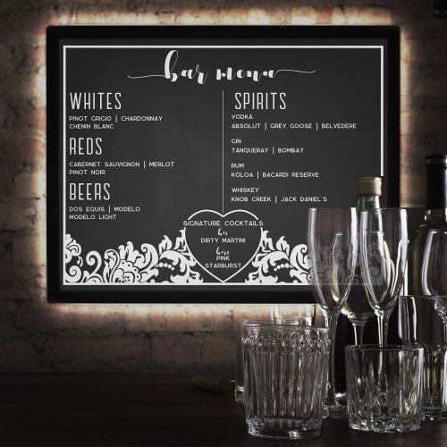 Modern Black  White Elegant Bar Menu For Wedding LED Sign