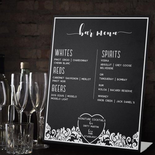 Modern Black  White Elegant Bar Menu For Wedding Pedestal Sign