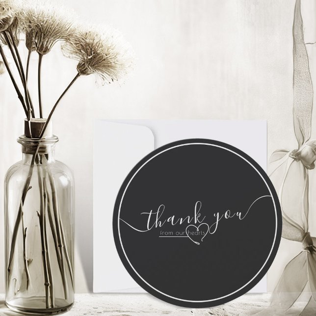 Modern Black & White Elegant Calligraphy Wedding  Thank You Card (modern black and white elegant script round thank you card)