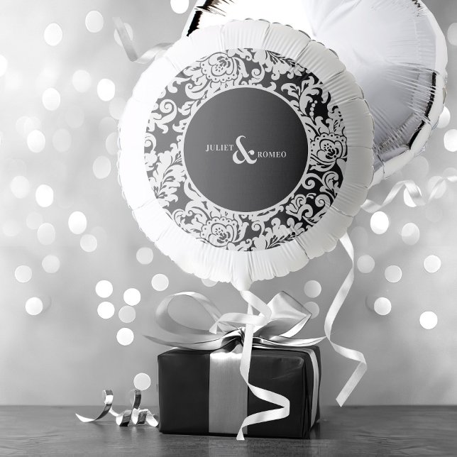 Modern Black & White Elegant Floral Damask Wedding Balloon (modern black and white wedding balloon with elegant floral damask and couple's names)