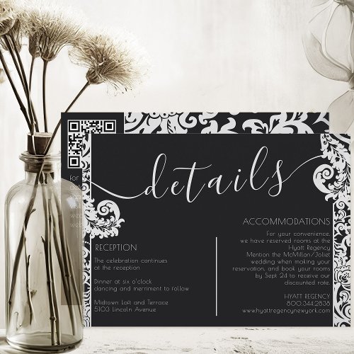 Modern Black  White Elegant Floral Damask Wedding Enclosure Card