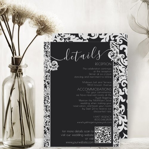 Modern Black  White Elegant Floral Damask Wedding Enclosure Card