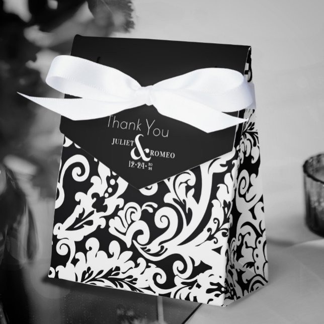 Modern Black  White Elegant Floral Damask Wedding Favor Boxes (elegant black and white floral damask wedding gift bag)