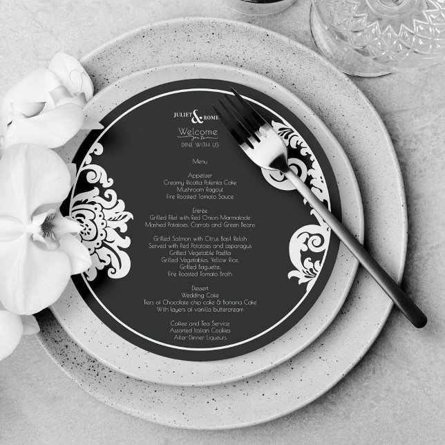 Modern Black White Elegant Floral Damask Wedding  Menu (elegant black and white floral damask round menu for wedding plate)