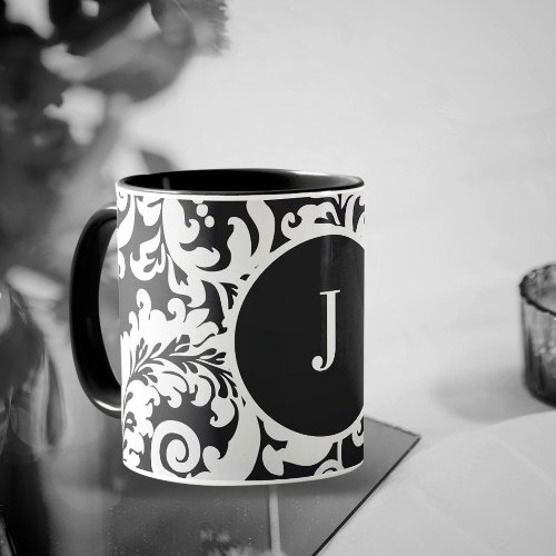 Modern Black  White Elegant Floral Damask Wedding Mug