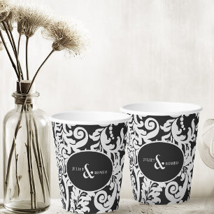 Modern Black & White Elegant Floral Damask Wedding Paper Cups