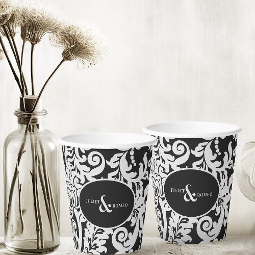 Modern Black  White Elegant Floral Damask Wedding Paper Cups