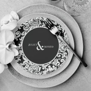 Modern Black & White Elegant Floral Damask Wedding Paper Plates