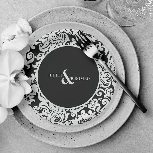 Modern Black  White Elegant Floral Damask Wedding Paper Plates