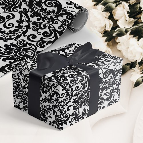 Modern Black  White Elegant Floral Damask Wedding Wrapping Paper