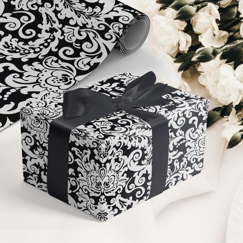 Modern Black  White Elegant Floral Damask Wedding Wrapping Paper