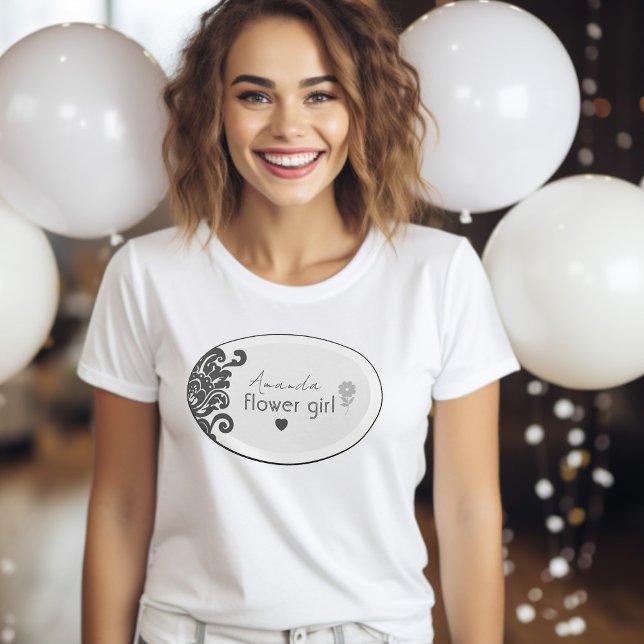 Modern Black & White Elegant Floral Flower Girl T-Shirt (beautiful elegant black and white floral damask flower girl gift t-shirt)