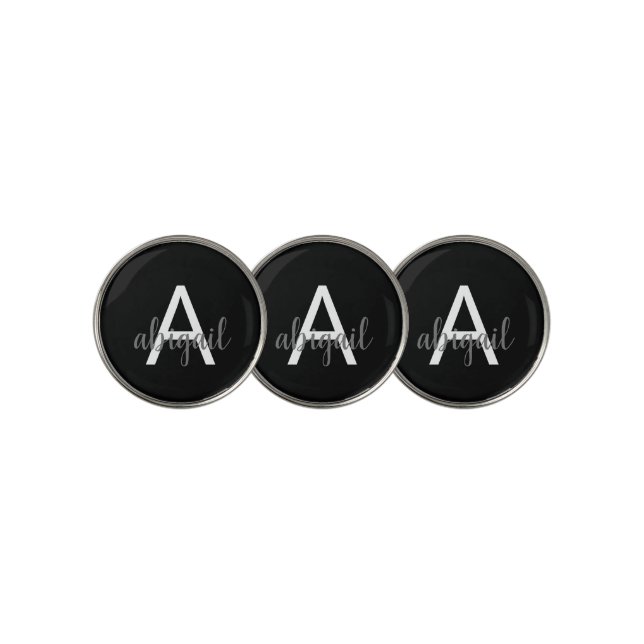 Modern Black White Elegant Girly Monogram Name Golf Ball Marker (3 Up)