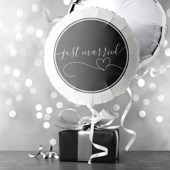 Modern Black & White Elegant Just Married Balloon (elegant black and white wedding balloon with just married in elegant script and flourish heart)