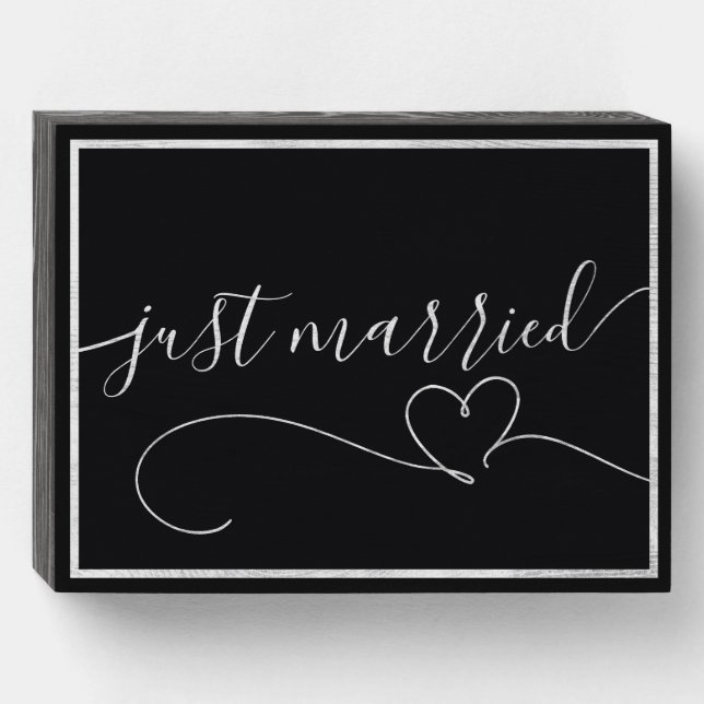 Modern Black & White Elegant Just Married Wooden Box Sign (Front Horizontal)
