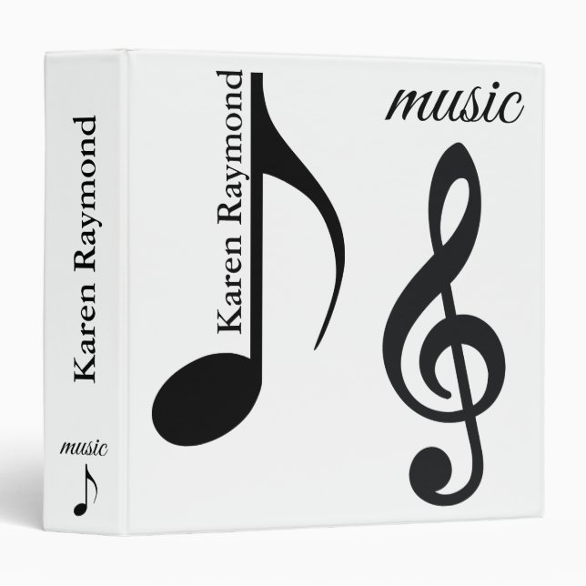 Modern Black & White Elegant Music Note 3 Ring Binder (Front/Spine)
