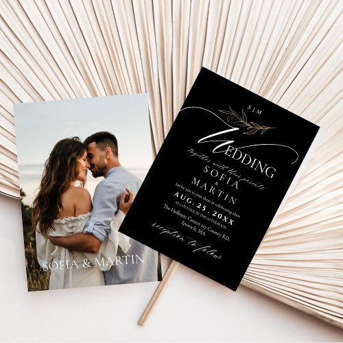 Modern Black White Elegant Script Wedding Photo Invitation
