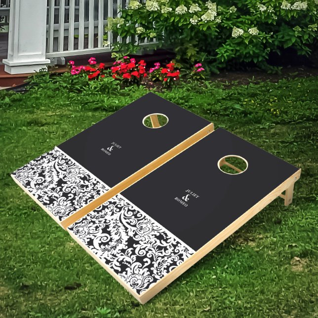 Modern Black & White Elegant Wedding Cornhole Game (modern black and white elegant floral damask wedding cornhole game)