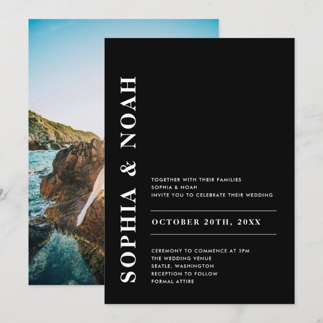 Modern Black & White Elegant Wedding Photo Invitation (Front/Back)