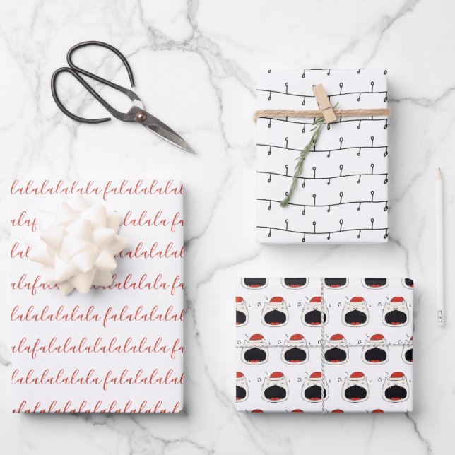 Modern Black & White Fa La La La La Singing Cat Wrapping Paper Sheets (Front)