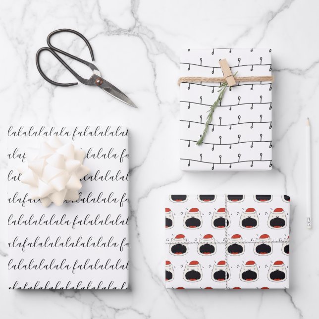 Modern Black & White Fa La La La La Singing Cat Wrapping Paper Sheets (Front)
