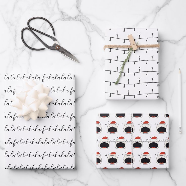 Modern Black & White Fa La La La La Singing Cat Wrapping Paper Sheets ...