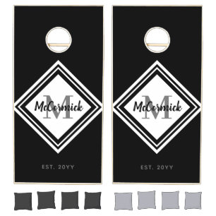 Modern Black White Family Monogram Personalized Cornhole Set