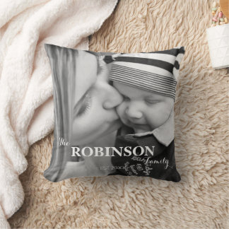 Modern Black & White Family Name Two Photo Throw Pillow