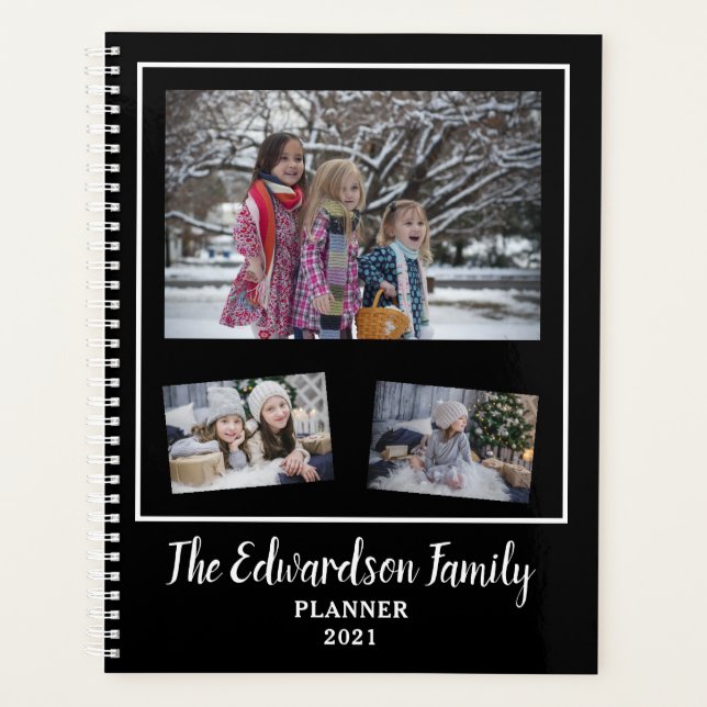 Modern black white family photo collage 2021 planner (Front)