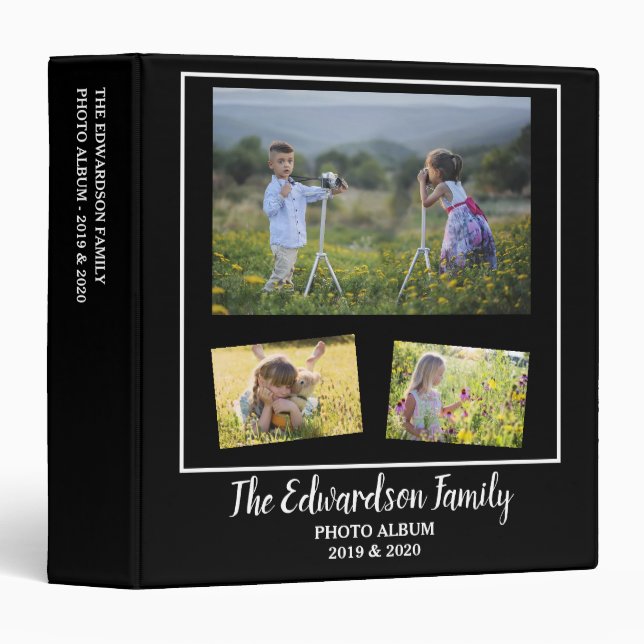 Modern black white family photo collage 3 ring binder (Front/Spine)