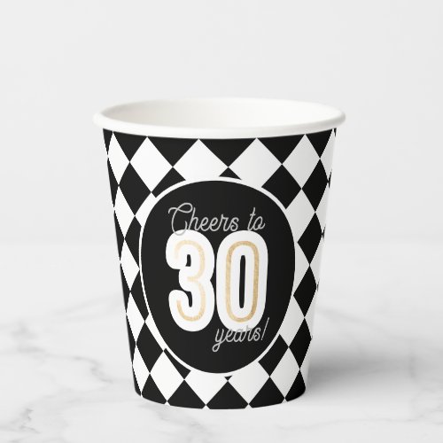 Modern Black  White Faux Gold 30th Birthday Paper Cups