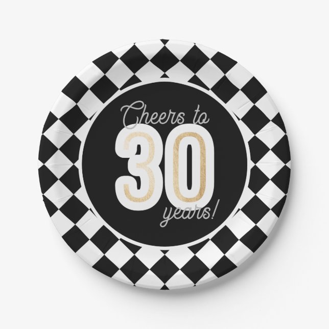 Modern Black & White Faux Gold 30th Birthday Paper Plates (Front)