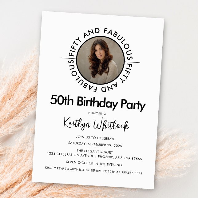 Modern Black White Fifty and Fabulous Invitation (black and white fifty and fabulous 50th birthday party invitation bold typography elegant script)