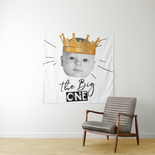 Modern Black White First Birthday Photo Tapestry (In Situ)
