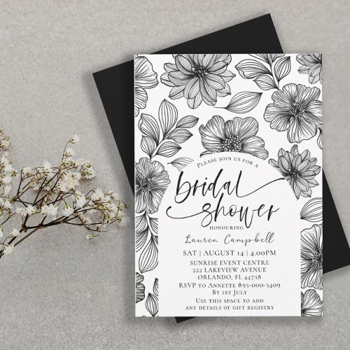 Modern Black  White Floral Bridal Shower  Invitation