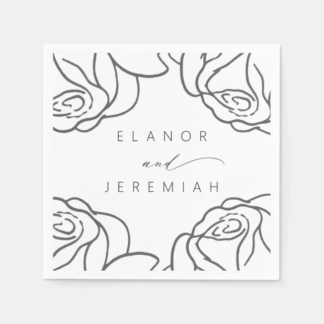 Modern Black White Floral Calligraphy Wedding Napkins (Front)
