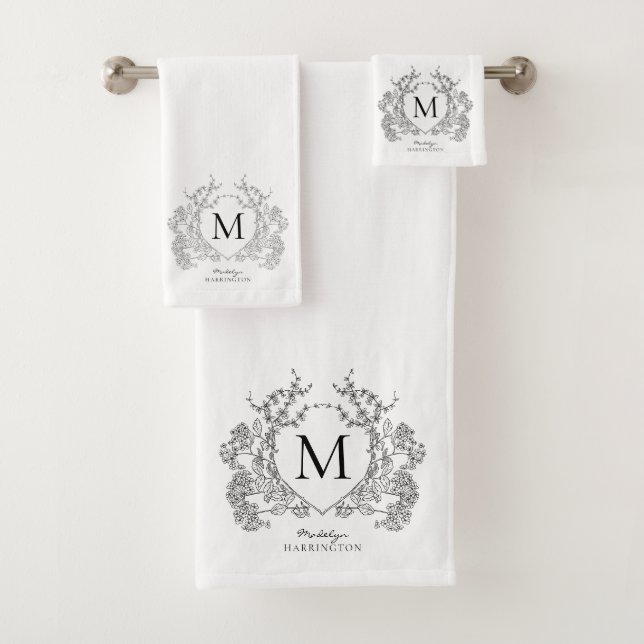 Modern Black White Floral Crest Initial Monogram Bath Towel Set (Insitu)
