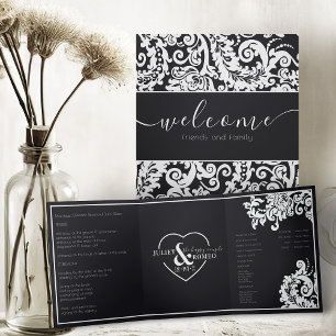 Modern Black White Floral Damask Elegant Wedding Tri-Fold Program
