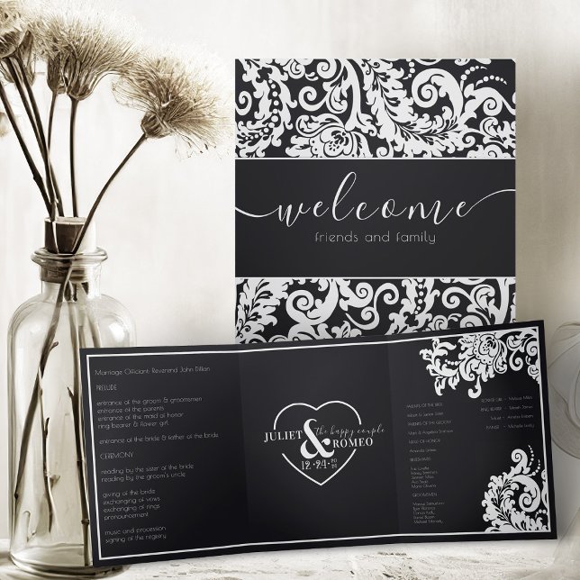 Modern Black White Floral Damask Elegant Wedding Tri-Fold Program (elegant black and white floral damasic classic trifold wedding program)