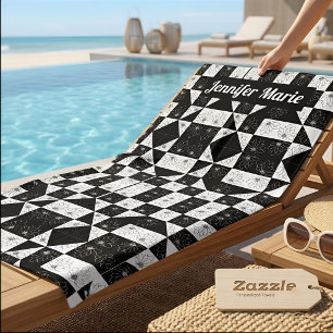 Modern Black & White Floral Geometric Custom Name Beach Towel