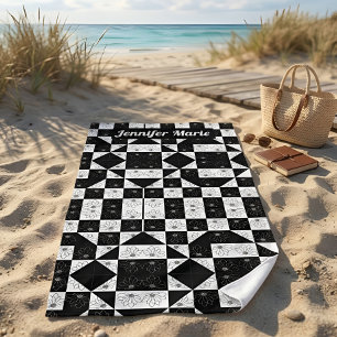 Modern Black & White Floral Geometric Custom Name Beach Towel
