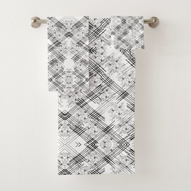 Modern Black & White Floral Geometric Pattern Bath Towel Set (Insitu)