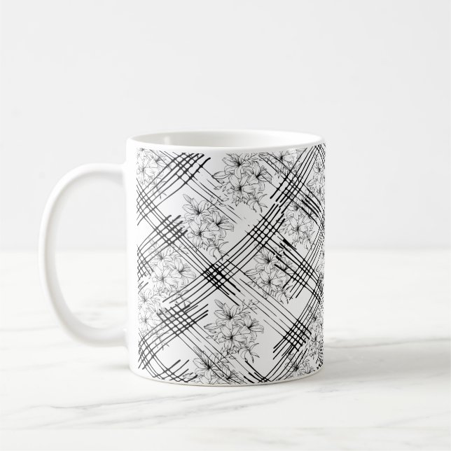 Modern Black & White Floral Geometric Pattern Coffee Mug (Left)