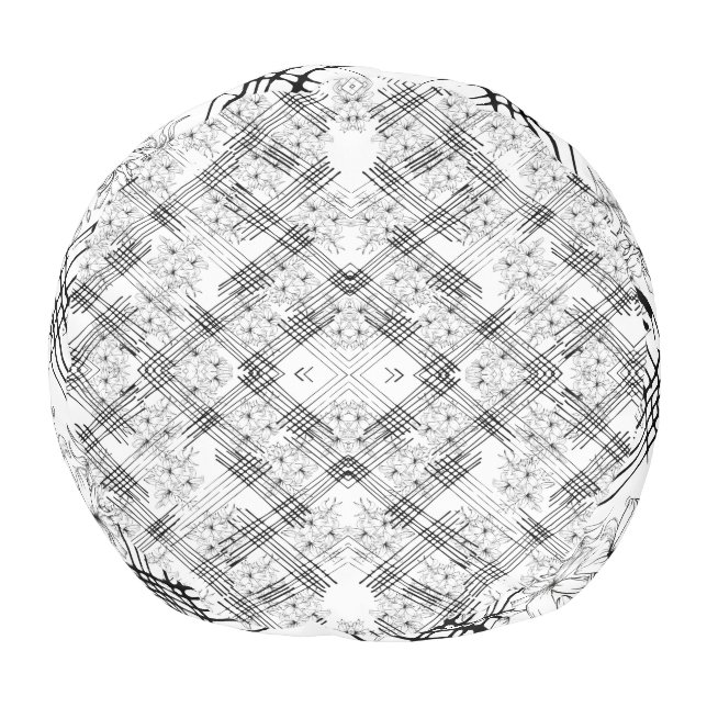 Modern Black & White Floral Geometric Pattern Pouf (Bottom)