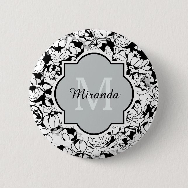 Modern Black White Floral Girly Monogram With Name Button (Front)