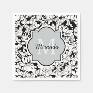 Modern Black White Floral Girly Monogram With Name Napkins