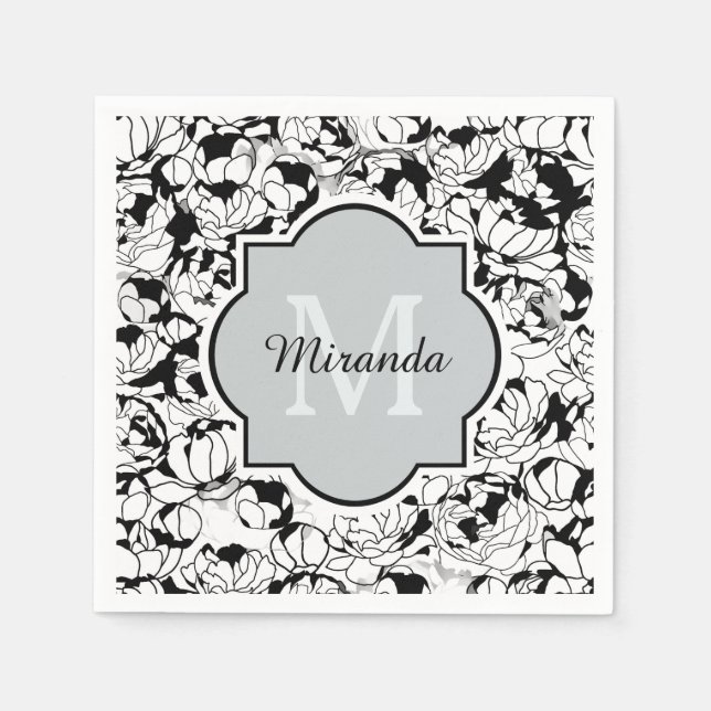 Modern Black White Floral Girly Monogram With Name Napkins (Front)