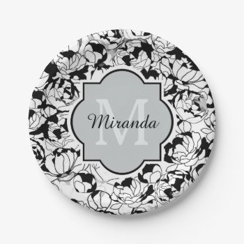 Modern Black White Floral Girly Monogram With Name Paper Plates by ohsogirly at Zazzle